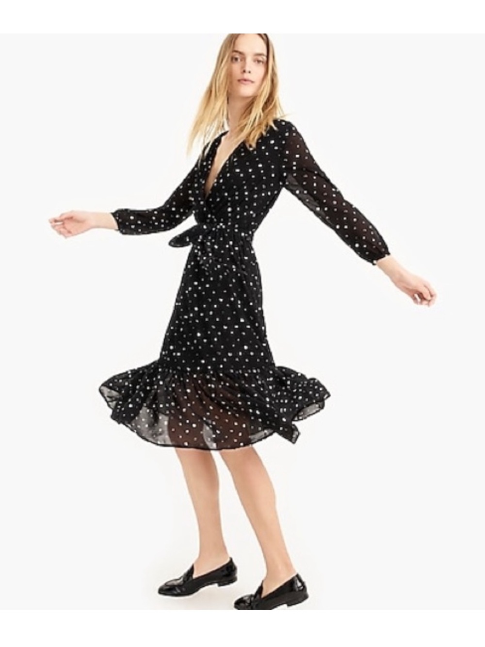J.Crew Point Sur Faux Wrap Polka Dot Midi Dress Black